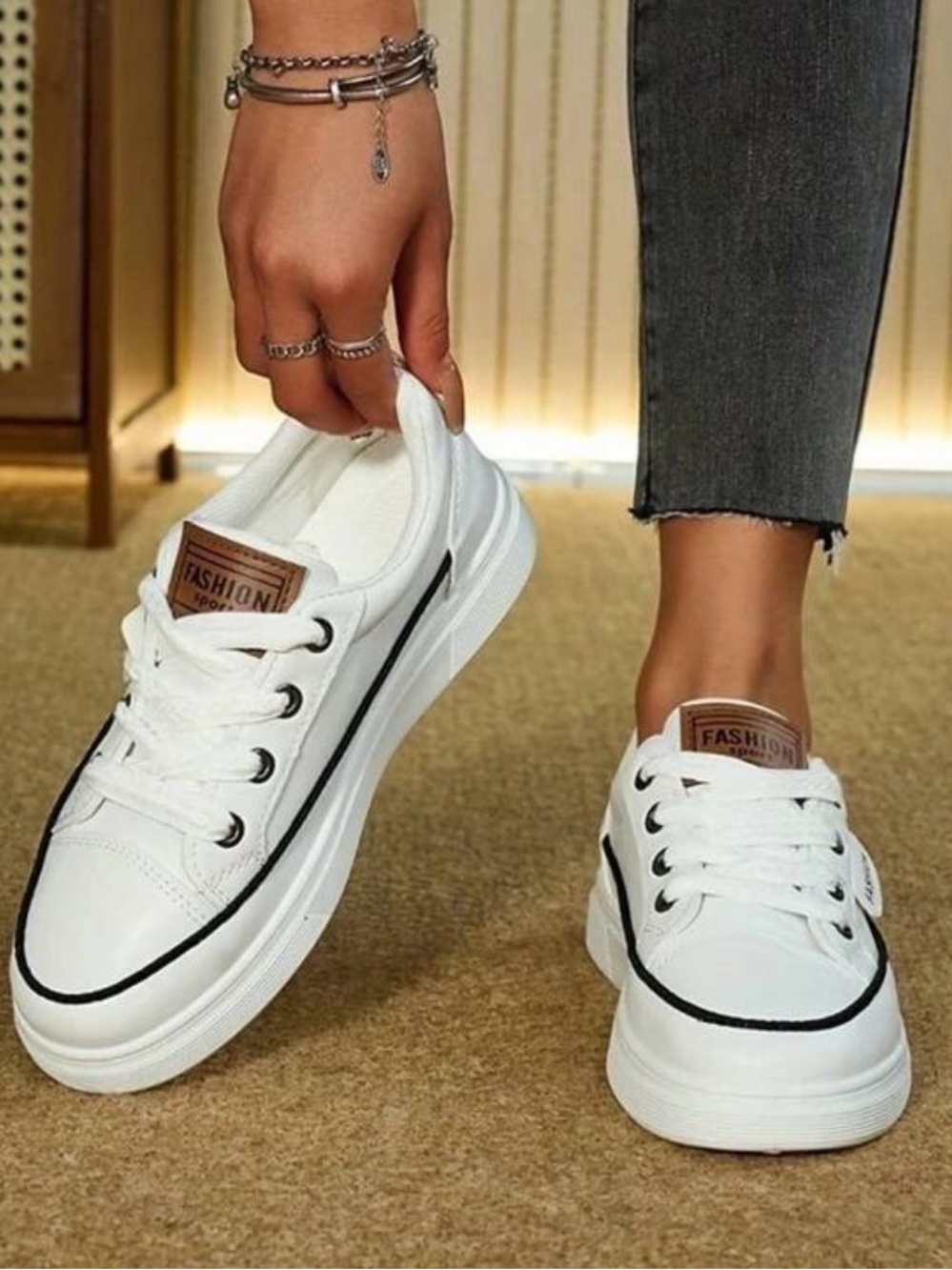 3/$30🍀 -Label White Lace-Up Platform Sneakers with Black Trim - Picture 3 of 3